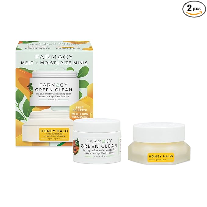 Farmacy Ceramide Face Moisturizer + Cleansing Balm Duo - Travel Size Skin Care Set with Green Clean Makeup Remover Balm + Honey Halo Moisturizer Face Cream (2 Count)