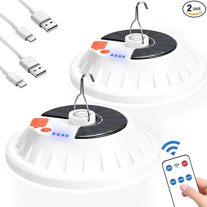 2 Pack Solar Camping Lantern with Remote 4000LM Rechargeable Hanging Light Portable LED Camping Lights IPX4 Waterproof Tent Lights Solar Lanterns for Power Outages, Emergency, Hurricane