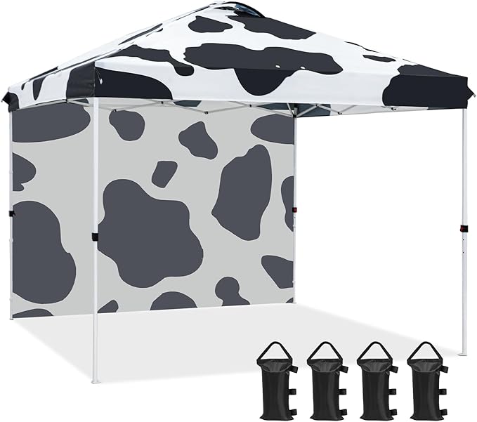 EAGLE PEAK Pop Up Canopy Tent with 1 Sidewall, Easy Setup Event Tent, Outdoor Sun Shade, Wheeled Carry Bag, Stakes and Guy Ropes, Instant Canopy 10x10, Cow Print