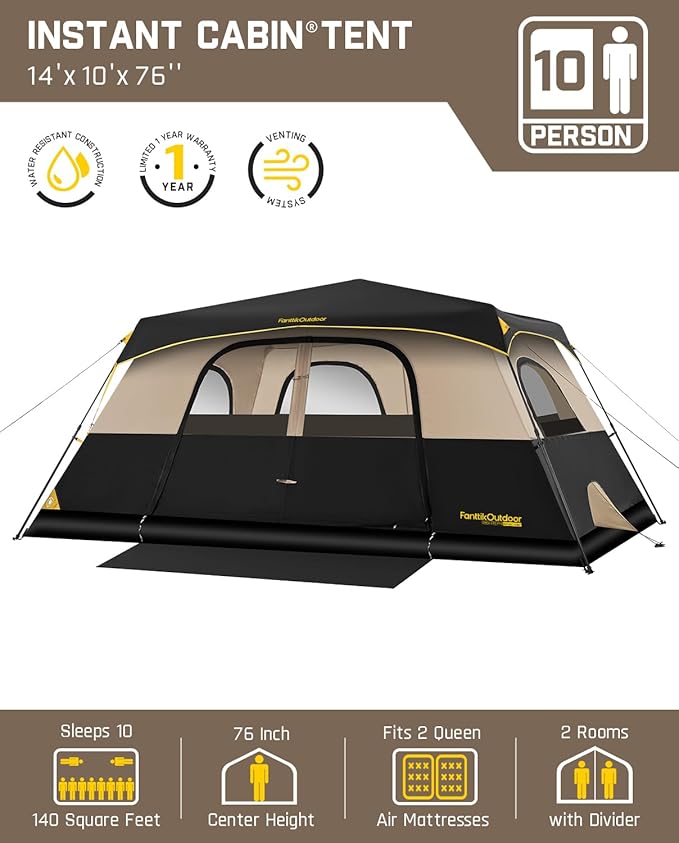 FanttikOutdoor Camping Tent 4/6/8/10 Person Instant Cabin Tent Setup in 60 Seconds with Rainfly & Windproof Portable with Carry Bag for Family Camping & Hiking