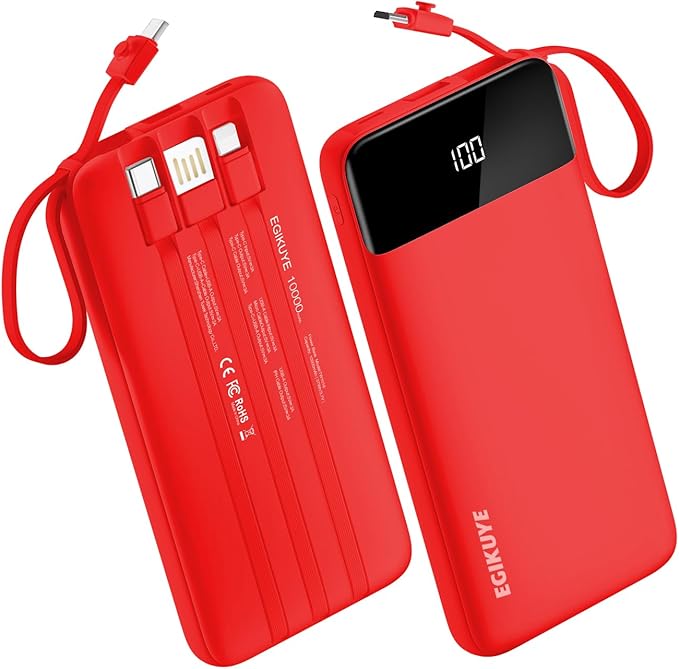 Power Bank 10000mAh Portable Charger with 4 Built-in Cables, Type-C in & Out Phone Charger, External Battery Charger Pack & Travel Essential for iPhone 16/15/14, Samsung, iPad, Android