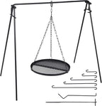 REDCAMP Swing Campfire Grill Stand - Collapsible Campfire Cooking Rack with 6 Hooks & Iron Grill Grate, Portable Dutch Oven Hanger for Outdoor Camping, Cookware, Bonfire, Round