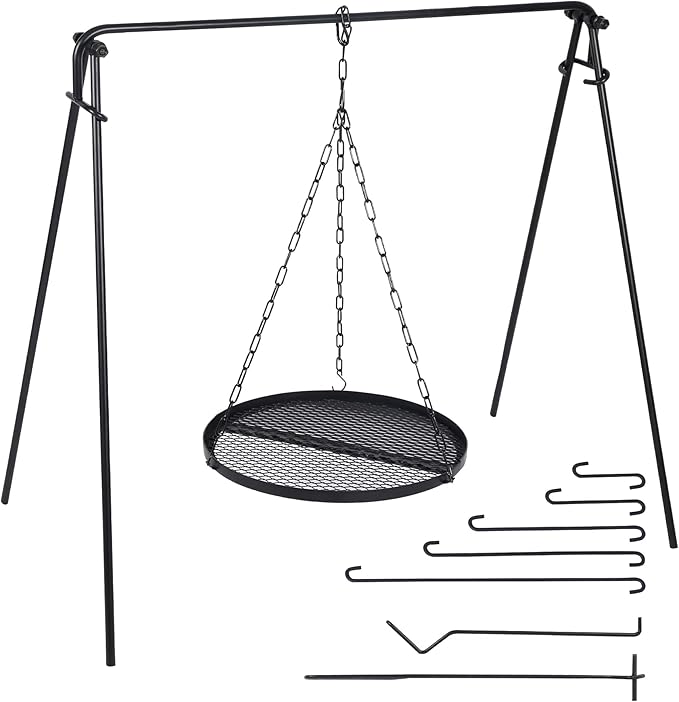 REDCAMP Swing Campfire Grill Stand - Collapsible Campfire Cooking Rack with 6 Hooks & Iron Grill Grate, Portable Dutch Oven Hanger for Outdoor Camping, Cookware, Bonfire, Round