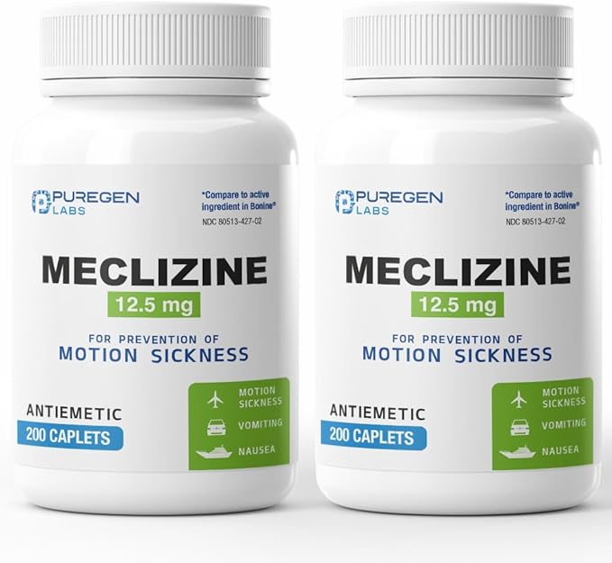 Puregen Labs Meclizine 12.5 mg Antiemetic 400 Caplets Total | Motion Sickness Relief - Prevent Nausea, Vomiting, and Dizziness | Dairy Free | Made in USA | Value Pack – 2 Pack