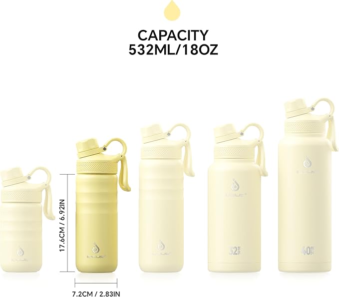 IDEUS Insulated Stainless Steel Water Bottle with 2 Leak-Proof Lids, Thermal Water Flask for Hiking Biking, 18oz, Light Yellow