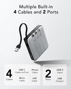 VRURC 20000mAh Portable Phone Charger with 4 Built-in Cables, Power Bank Fast Charging 22.5W USB C Battery Pack, for iPhone 16 15 14 13 12 11 x Samsung Galaxy Series etc, Gray(1 Pack)