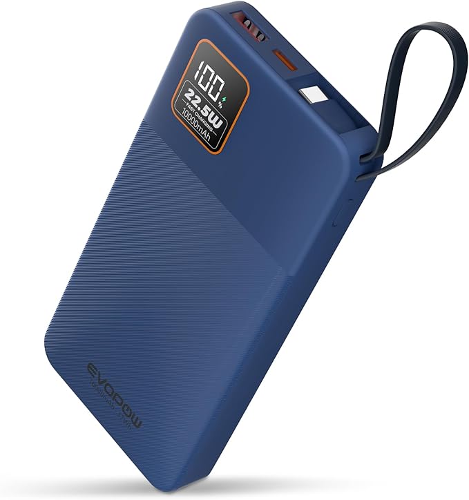 Portable Charger Power Bank, 10000mAh 22.5W Super Fast Charging Powerbank with Built-in USB C In&Out Cable, Slim Battery Pack for iPhone 16/15/14/13/12/11 iPad Samsung S24 S23 Android etc(Deep blue)