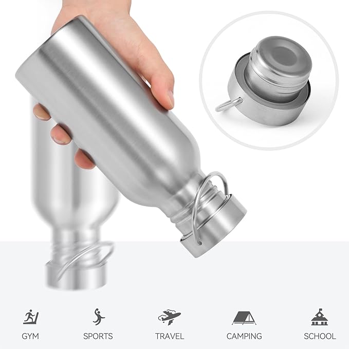 Volhoply 20oz Stainless Steel Water Bottle with Handle 4 Pack,Non Insulated Single Wall, Dishwasher Safe No Plastic 18/8 304 Metal Water Bottles with Wide Mouth for Camping, Hikers, Cyclists