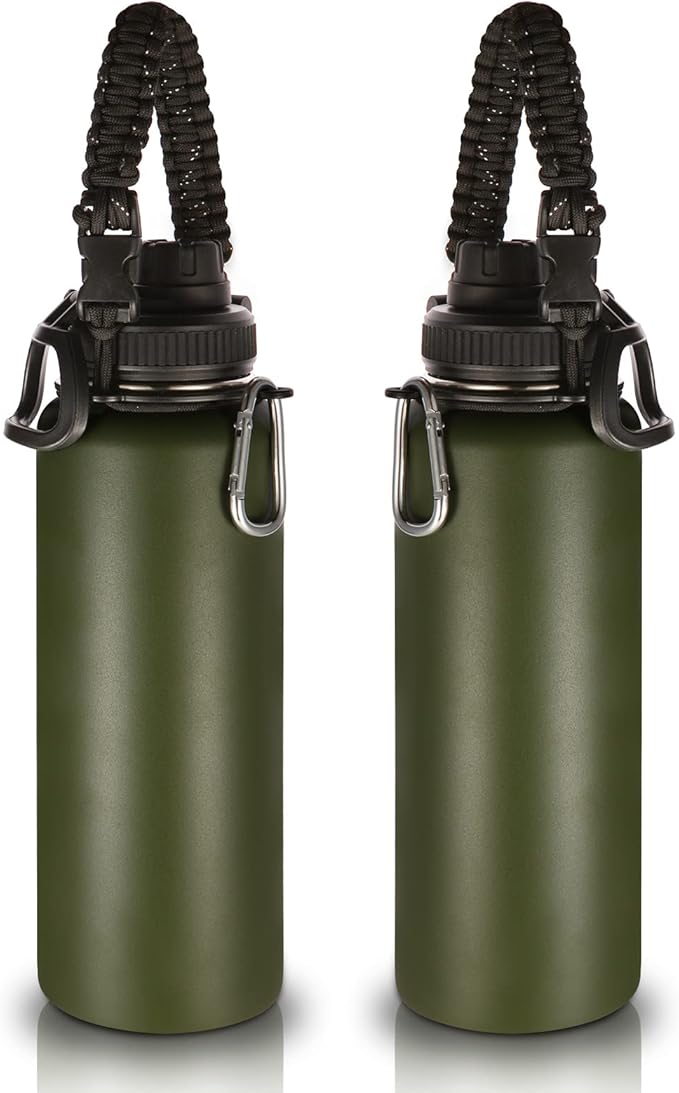 Volhoply Insulated Water Bottles Bulk 2 Pack, 40 oz Stainless Steel Sports Bottle with Paracord Handle & Spout Lid, Vacuum Metal Travel Flask with Wide Mouth,Reusable Large Cup(Army Green,2 Set)