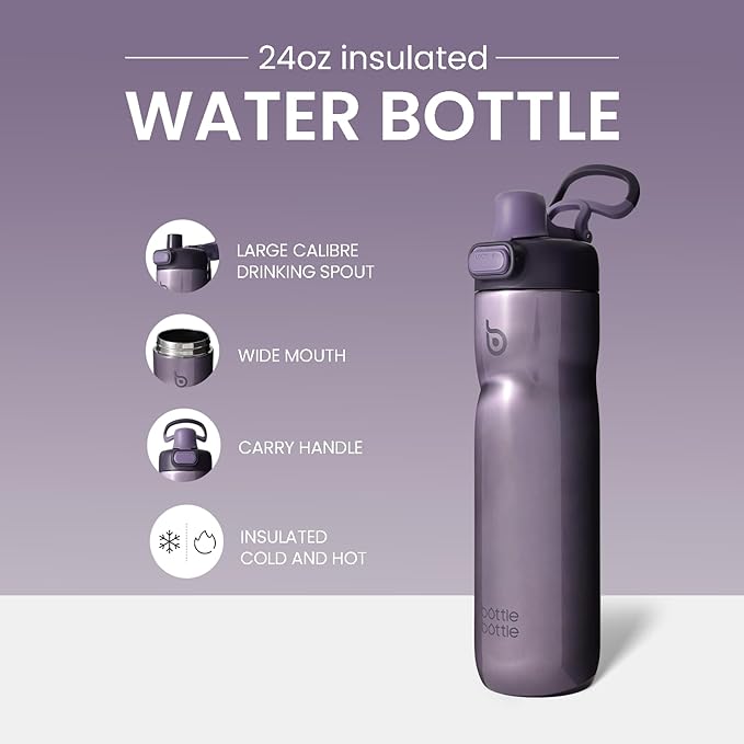 BOTTLE BOTTLE Insulated Water Bottle 24 oz with Handle and Flip Tops Lids Stainless Steel Water Bottle Push Button Lid Leak proof Portable for Running Travel Sports Hiking purple