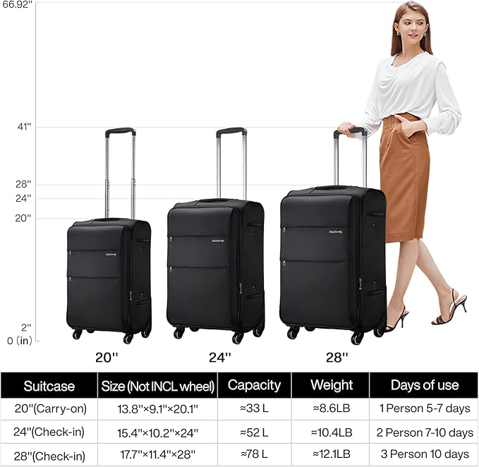 Hanke 20/24/28 Inch 3 Piece Luggage Set with Spinner Wheels Expandable Luggage Large Suitcases with Wheels Softside Checked Luggage Rolling Suitcase with Lock Lightweight Travel Luggage.(Coffee)