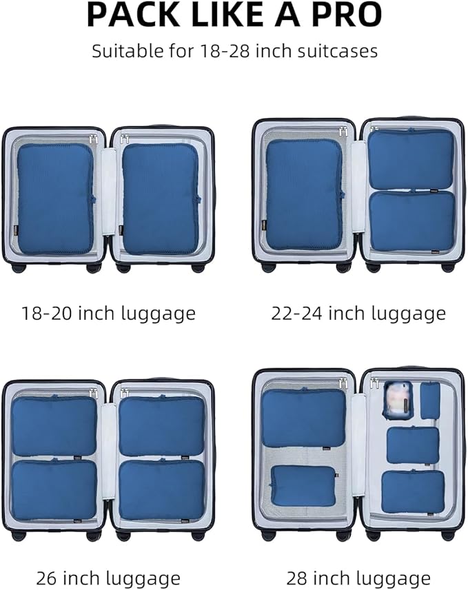 6 Set Compression Packing Cubes for Travel, Large Medium Small Luggage Organizers (Dark Blue)