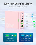 USB C Charger Block Charging Station: 100W 6 Port GaN Fast Charging Brick Hub Cube Box - PD 3.0 Type C & USB A Wall Charger Power Adapter for All iPhone 17 iPad Samsung Android Pixel Series