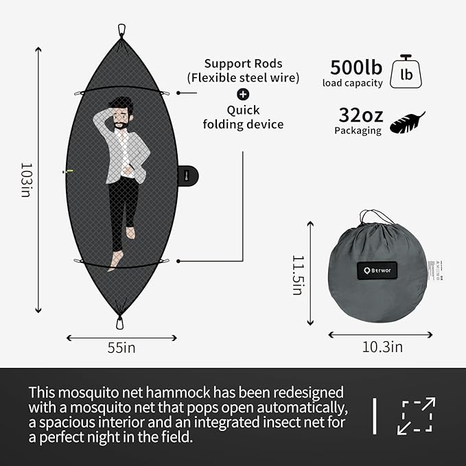 Hammock with Mosquito Net - Lightweight, Portable, 1 Person Hammock - for Camping, Hiking, Backpacking, Travel, a Festival, or The Beach