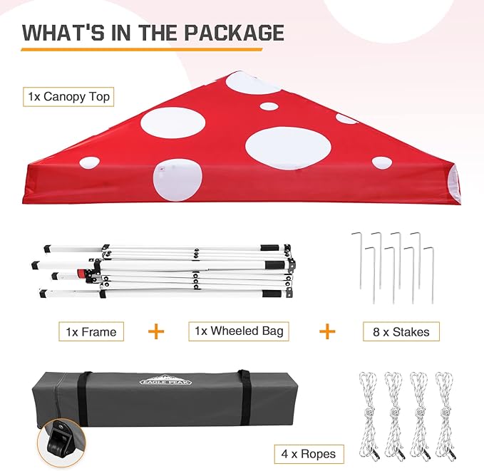 EAGLE PEAK 10x10 Slant Leg Pop-up Canopy Tent Easy One Person Setup Instant Outdoor Beach Canopy Folding Portable Sports Shelter 10x10 Base 8x8 Top (Red Mushroom)