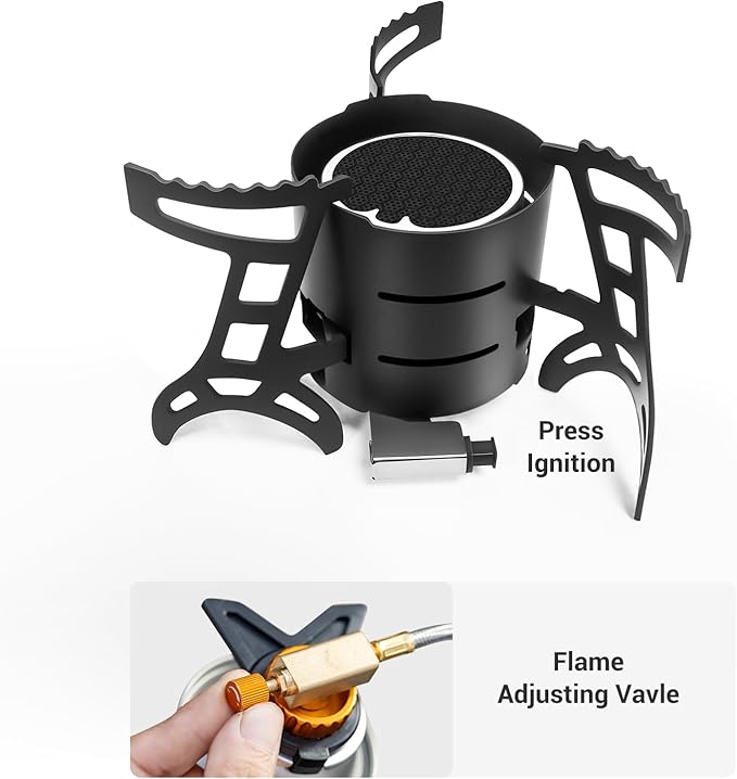 Camping Stove 3000W Portable Backpacking Stove with Piezo Ignition, Fuel Canister Adapter Windproof Gas Stove for Camping Hiking Outdoor Cooking