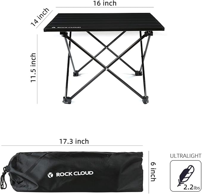 ROCK CLOUD Portable Camping Table Ultralight Aluminum Folding Beach Table Camp for Camping Hiking Backpacking Outdoor Picnic, Black