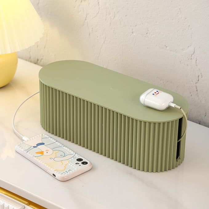 FABROK Cable Management Box, Cord Organizer Box with 10 Cable Ties, Power Strip Storage to Hide Charger Adapter Power Cord Charging Station(Small/Green)