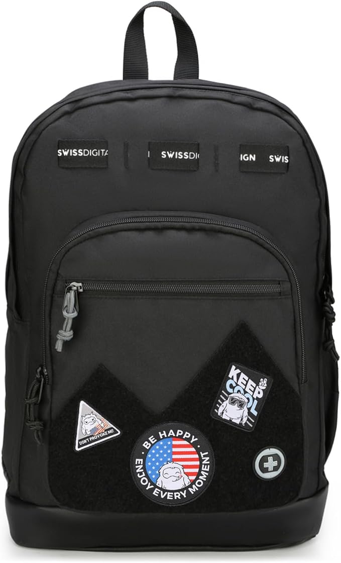 Swissdigital Design Big Student Laptop Backpack with Fun Personalized Patches For College Boy & Girl, Middle High School Teen Bookbag Cool Travel Daypack Black- Includes 3 Patches | SD1718-01