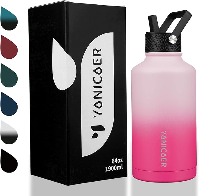 Insulated Water Bottle 64oz,Triple Wall Vacuum Stainless Steel(Dishwasher Safe),Leak Proof & Non-BPA,Flask Jug with Paracord Handle & Straw Spout Lids Sports Sakura