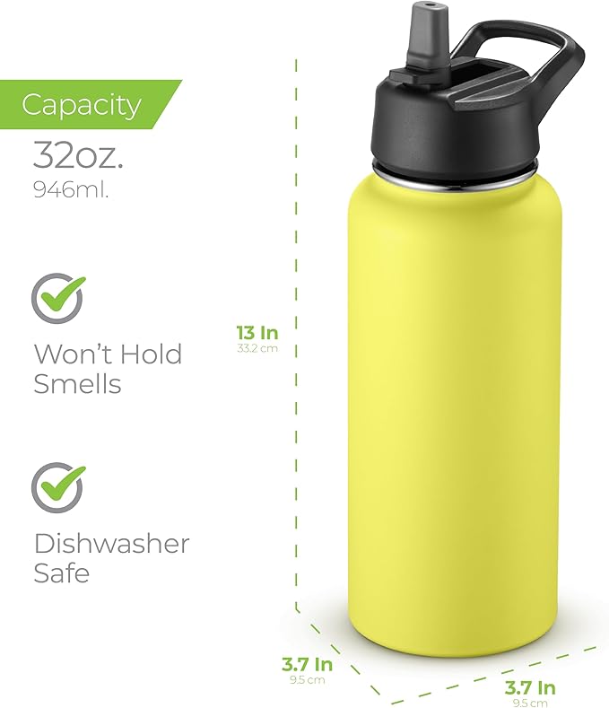 SipX™ Triple-Insulated Stainless Steel Water Bottle 32oz. With 3 Lids, BPA-Free Reusable Insulated Water Bottle Keeps Cold 24 Hours, (Yellow)