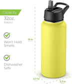 SipX™ Triple-Insulated Stainless Steel Water Bottle 32oz. With 3 Lids, BPA-Free Reusable Insulated Water Bottle Keeps Cold 24 Hours, (Yellow)