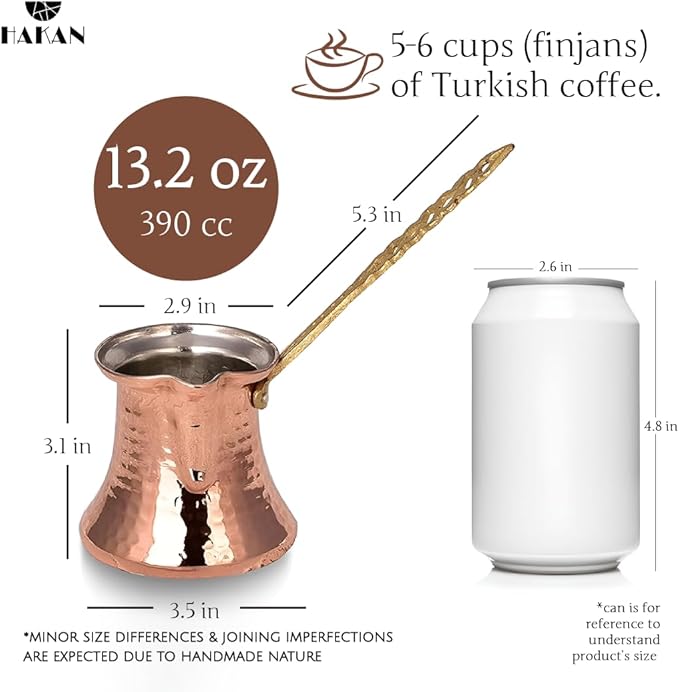 Hakan Turkish Coffee Pot | Stove Top Water Boiler, Coffee Maker, Butter, Chocolate & Milk Warmer | Even and Quick Heat with Handcrafted Copper Material | Coffee Gifts Idea, 13.2 Oz (390 cc)