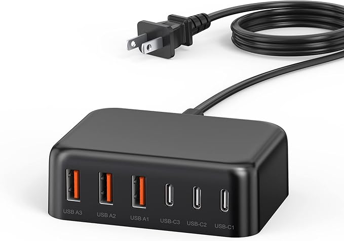 USB C Fast Charger, 100W GaN 6 Port Type C Charging Station Hub Block Cube, USB C Wall Charger Power Strip Adapter Plug for iPad iPhone 16 15 14 13 12 Pro Max Pixel Note Galaxy, 5ft Cord