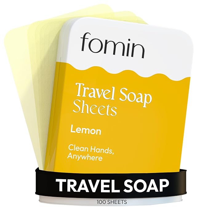 FOMIN - Antibacterial Paper Soap Sheets Tin for Traveling - (100 Sheets) Lemon Portable Travel Hand Soap Sheets, Dissolvable Mini Camping Hand Soap for Hand Washing