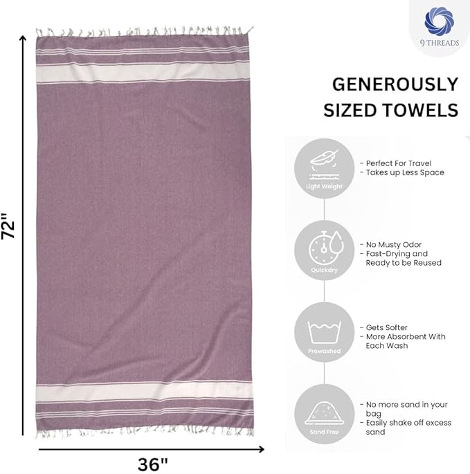 Cotton Turkish Beach Towel with Towels Oversized 36"x72" Pool Absorbent Extra Large Quick Dry Sand Travel Towel (Purple, 4 Pack)
