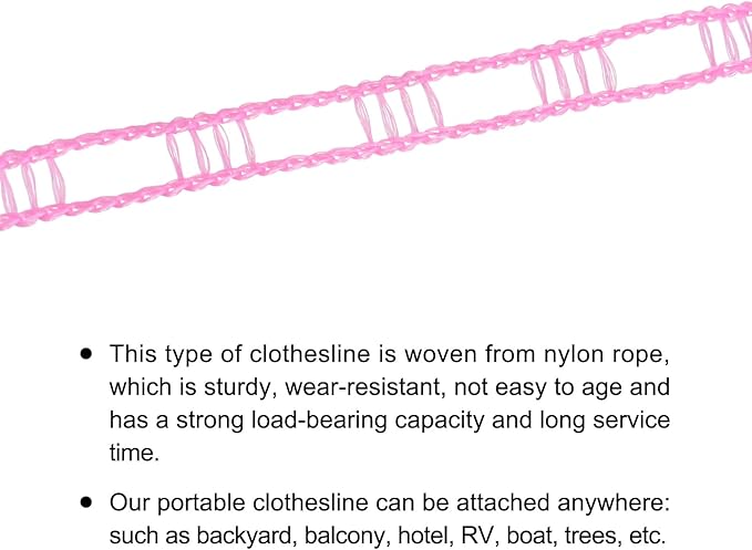 uxcell Portable Clothesline, 16.4ft Nylon Windproof Non-Slip Washing Line Rope for Courtyard Outdoor Travel Camping Laundry Drying, Pink