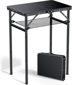 2ft Folding Camping Table with Storage Net, 3 Adjustable Height Max 29.5" Aluminum Small Folding Table, Portable Handle, Lightweight, for Travel Outdoor Beach Picnic Camp, 23.2" x 16", Black