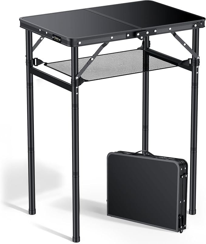 2ft Folding Camping Table with Storage Net, 3 Adjustable Height Max 29.5" Aluminum Small Folding Table, Portable Handle, Lightweight, for Travel Outdoor Beach Picnic Camp, 23.2" x 16", Black