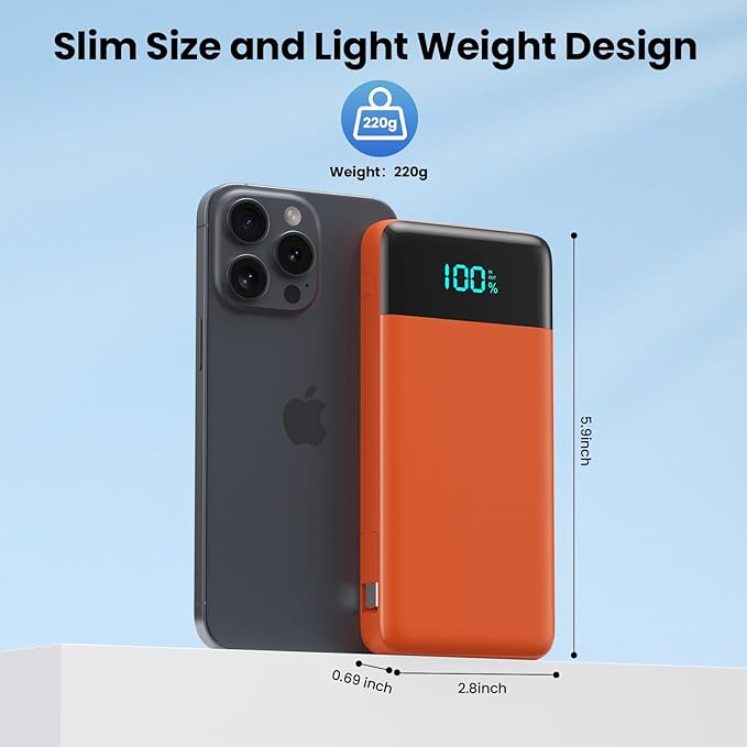 Portable Charger 13800mAh for iPhone with Built-in Cables & AC Wall Plug,5-in-1 USB-C Power Bank,LCD Display External Battery Pack Phone Charger Compatible with iPhone 16/15/14/13,Android (Orange)