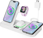 Dual Phone Magnetic Wireless Charging Station for Apple Devices/Apple Ecosystem,with Auto-Switch 7-Color Light & Clock, Compatible with iPhone 17/16/15, for iWatch 11/10/9 & AirPods Pro3（White）