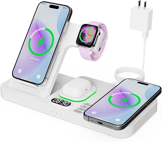 Dual Phone Magnetic Wireless Charging Station for Apple Devices/Apple Ecosystem,with Auto-Switch 7-Color Light & Clock, Compatible with iPhone 17/16/15, for iWatch 11/10/9 & AirPods Pro3（White）