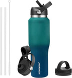 HYDROWION 40 oz Insulated Water Bottle with Straw fit in Car Cup Holder(Cold 48 hrs, Hot 24 hrs) Drinking Bottle with Straw Lid, Spout Lid and Flex Cap Leakproof Travel Thermo Mug，Green - Blue
