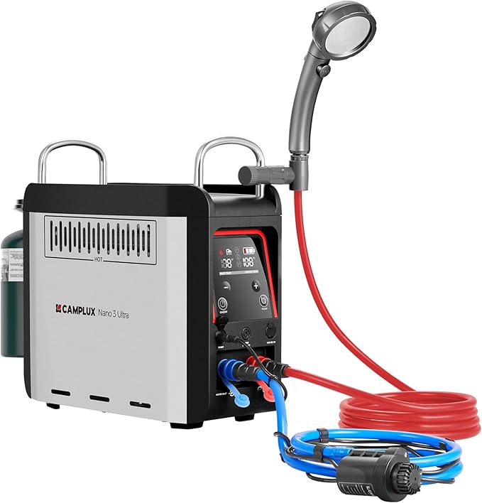 CAMPLUX Nano 3 Ultra, Constant Temperature Portable Propane Water Heater, Rechargeable Water Heater & Shower Pump, Propane Camping Shower, for RVs, Hiking, Fishing & Glamping