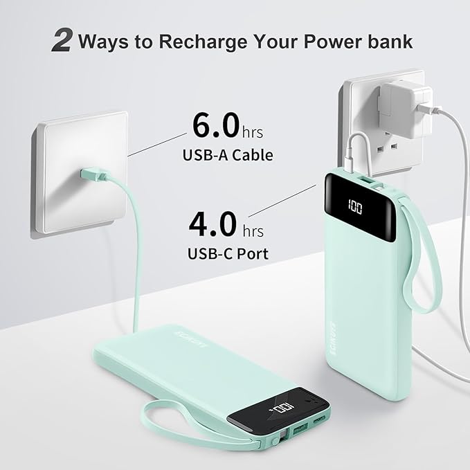 Power Bank 10000mAh Portable Charger with 4 Built-in Cables, Type-C in & Out Phone Charger, External Battery Charger Pack & Travel Essential for iPhone 16/15/14, Samsung, iPad, Android