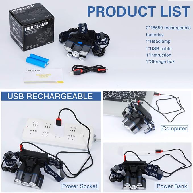 Headlamp,Ultra Bright 21 LED Headlight Flashlight with Power Indicator,12000 Lumen USB Rechargeable Headlamps Waterproof Work Light, 9 Modes Head Lamp for Outdoor Camping Hunting Fishing Hiking Biking