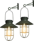 pearlstar Solar Lanterns Outdoor Metal Solar Powered Hanging Lights Waterproof for Wall Barn Yard Garden Patio Garage Balcony Porch Fence Decor, Warm White Edison Bulb (Green-2pack)
