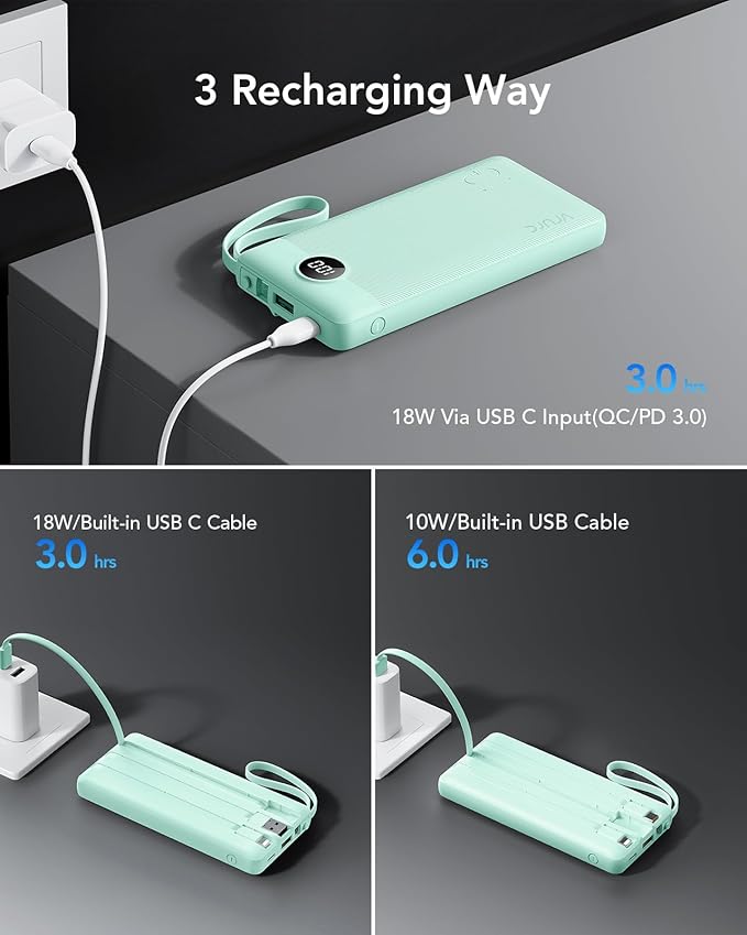 VRURC Portable Charger, 22.5W Power Bank 10000mAh, USB-C Cable in & Out Fast Charging Battery Pack, Compact Travel Essential 4 Outputs 3 Inputs for iPhone 16 15 14 13,Samsung, Android etc-Green