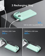 VRURC Portable Charger, 22.5W Power Bank 10000mAh, USB-C Cable in & Out Fast Charging Battery Pack, Compact Travel Essential 4 Outputs 3 Inputs for iPhone 16 15 14 13,Samsung, Android etc-Green