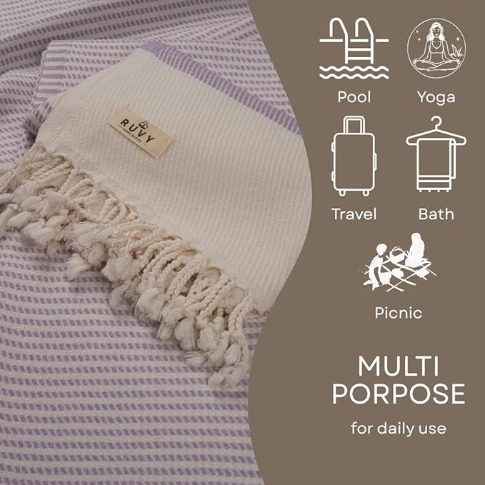 Ruvy Home Basics 2 Pack Turkish Beach Towels – Oversized Quick-Dry Bath Towels (40 x 72 Inches) – 100% Cotton Large Towels for Pool, Yoga, Travel, Camping Essentials, and Bathroom Decor - Lavender
