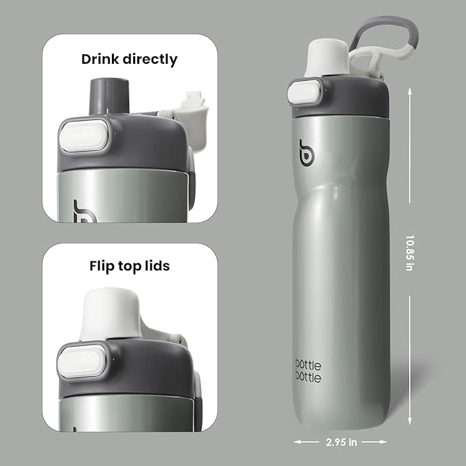 BOTTLE BOTTLE Insulated Water Bottle 24 oz with Handle and Flip Tops Lids Stainless Steel Water Bottle Push Button Lid Leak proof Portable for Running Travel Sports Hiking gray