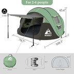 Pop Up Camping Tent 2/4 Person, Instant Family Tents, Easy Setup Automatic Tent for Camping Hiking & Traveling