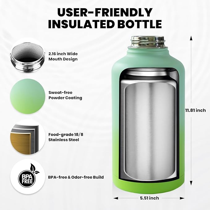 One Gallon Water Bottle Insulated, Triple Walled Vacuum Stainless Steel (Cold for 48 Hrs), Leak Proof & Non-BPA, Large Water Flask Jug with Paracord Handle & Straw Spout Lids