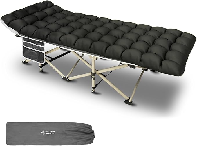 YELLOW JACKET Camping Cot with Mattress for Adults, Folding Sleeping Cot 600lbs Max Load, Portable Camping Cot with Carry Bag, 28" Wide Cot for Camping, Home,Office,Travel (Black)
