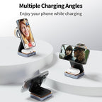 【2025 Upgraded】 Magnetic Wireless Charger 3 in 1, Foldable Charging Station with Night Light for Apple MagSafe Charger, Travel Charger Stand, Nightstand Fast 15W Charging Station (with Adapter)