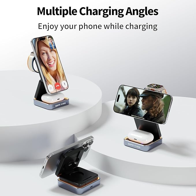 【2025 Upgraded】 Magnetic Wireless Charger 3 in 1, Foldable Charging Station with Night Light for Apple MagSafe Charger, Travel Charger Stand, Nightstand Fast 15W Charging Station (with Adapter)